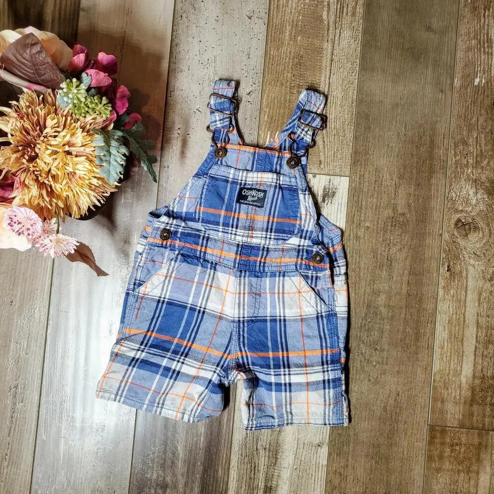 OshKosh B'gosh Size 12m Plaid 100% Cotton Shortalls